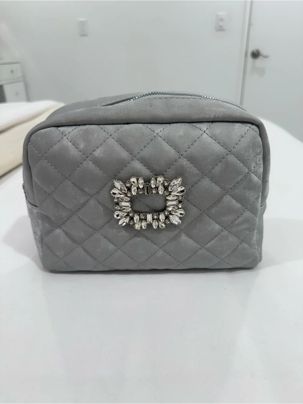 Elegant Quilted Gray Cosmetic Pouch with Crystal Accent